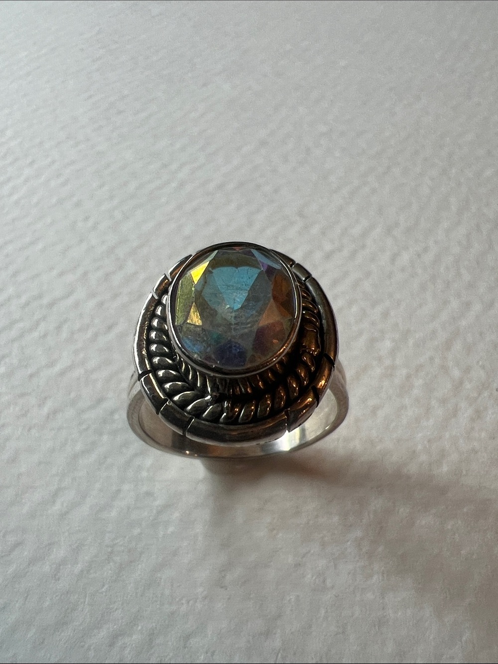 Sterling Silver Aura Glass Stone Statement Ring - Iridescent